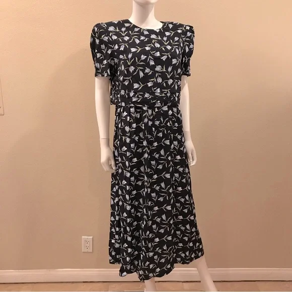 Worthington | Dresses | Vintage 9s Worthington Floral Dress New Size 4 Navy  Blue Tulips Short Sleeve | Poshmark